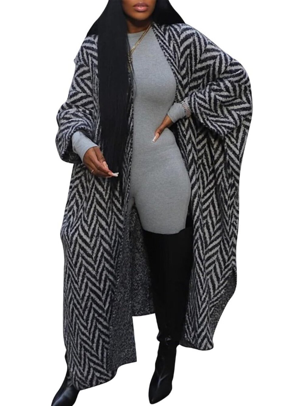 Oversized Chunky Knit Long Cardigan Sweater for Women - Striped Open Front